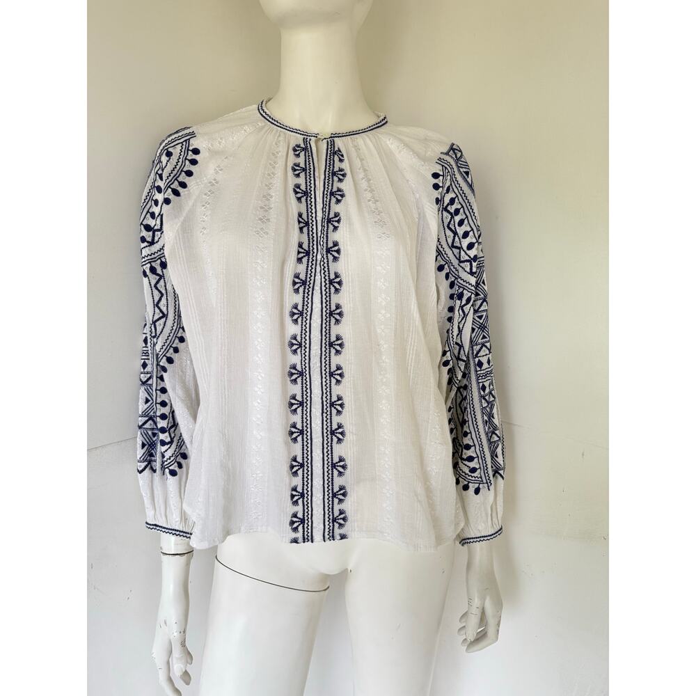Ne Quittez Pas White and blue oversized boho blouse XS